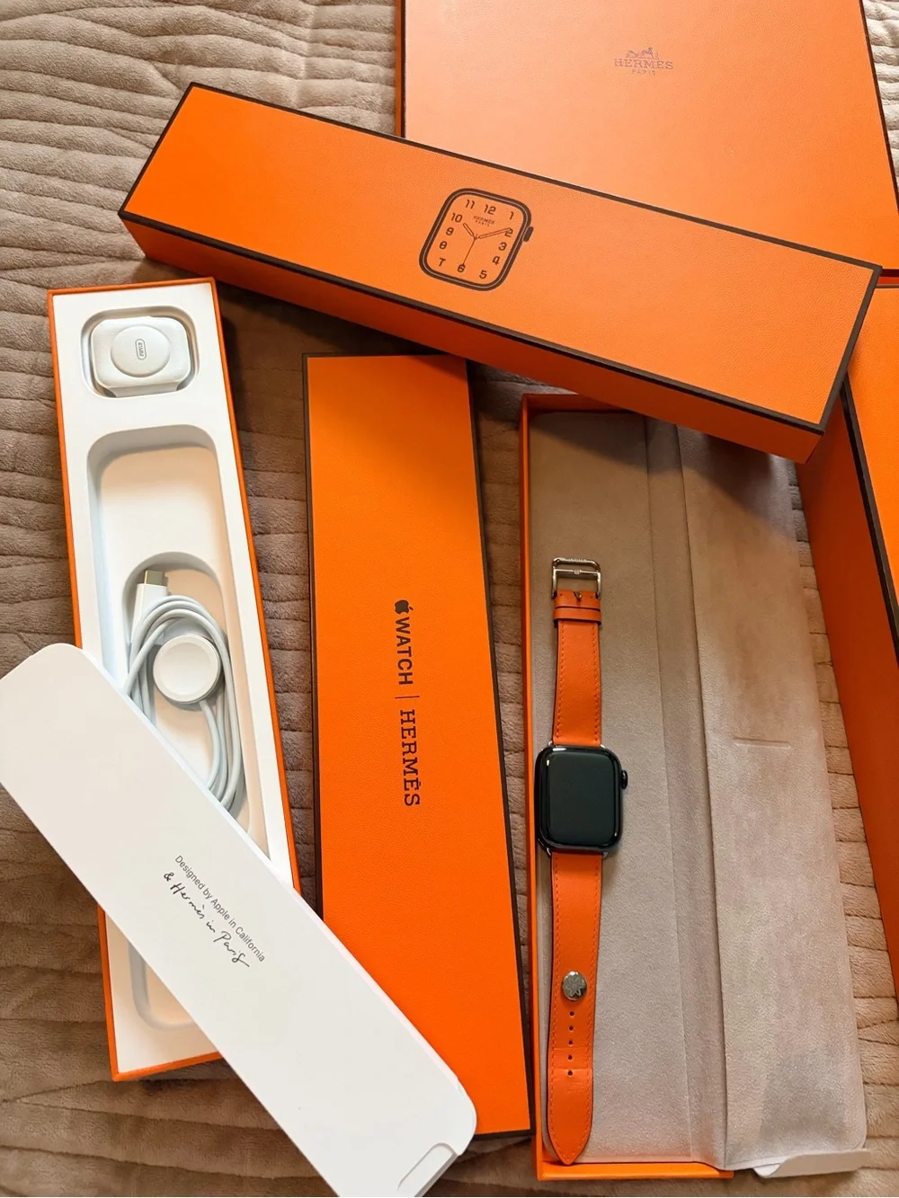 Hermes Orange Leather Apple Watch Strap with Silver Hardware
